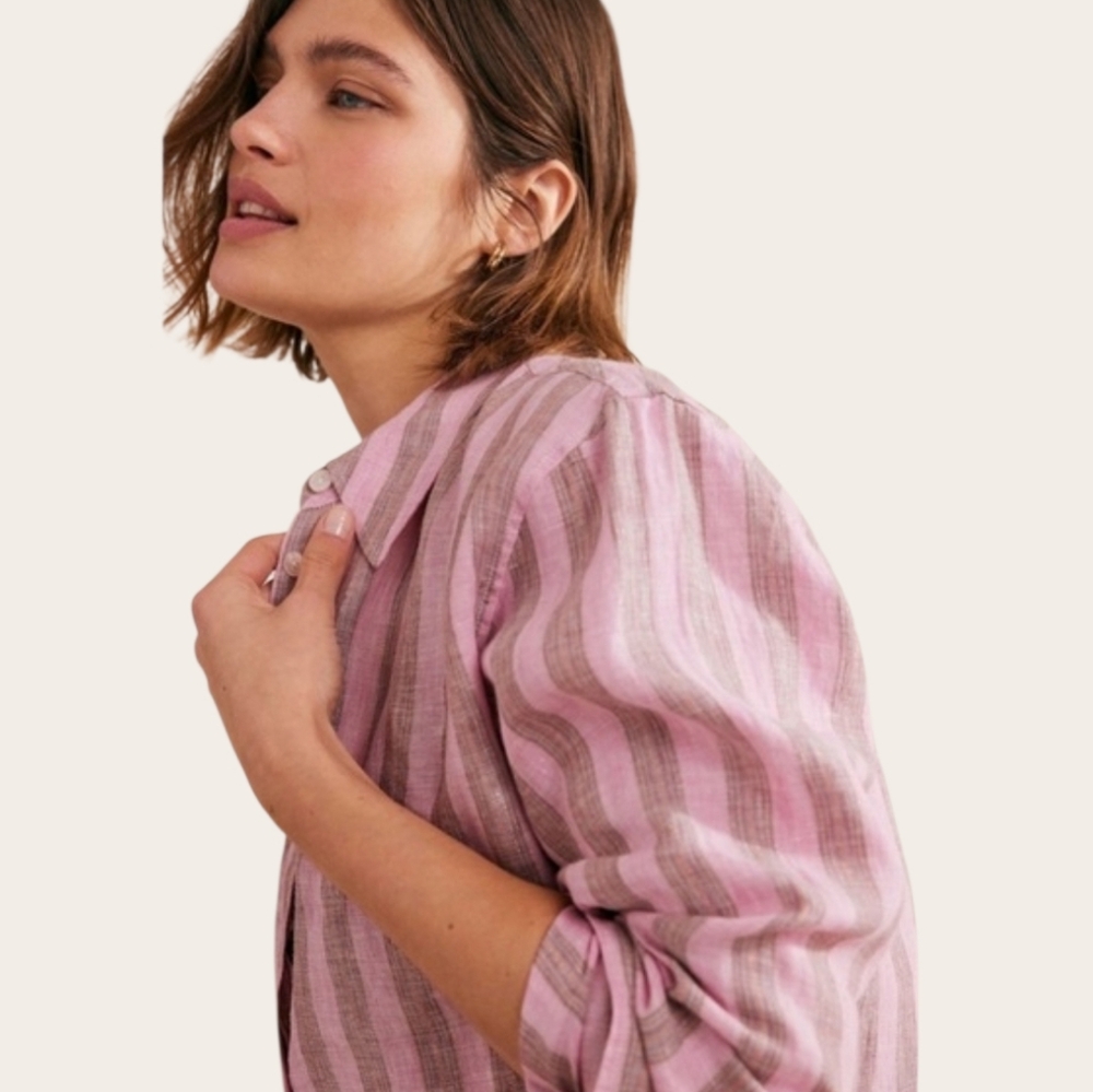 BODEN Linen Blend Relaxed Oversized Formica Pink Sparkle Stripe Shirt 6 Petite - Picture 2 of 11